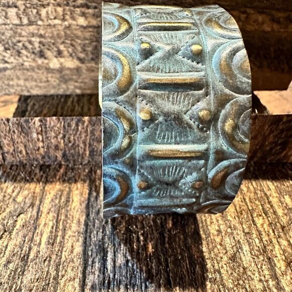 Handcrafted Artesian Boho Brass Patina‎ Bracelet, Aqua Sacred Geometry Allover, - Picture 3 of 8